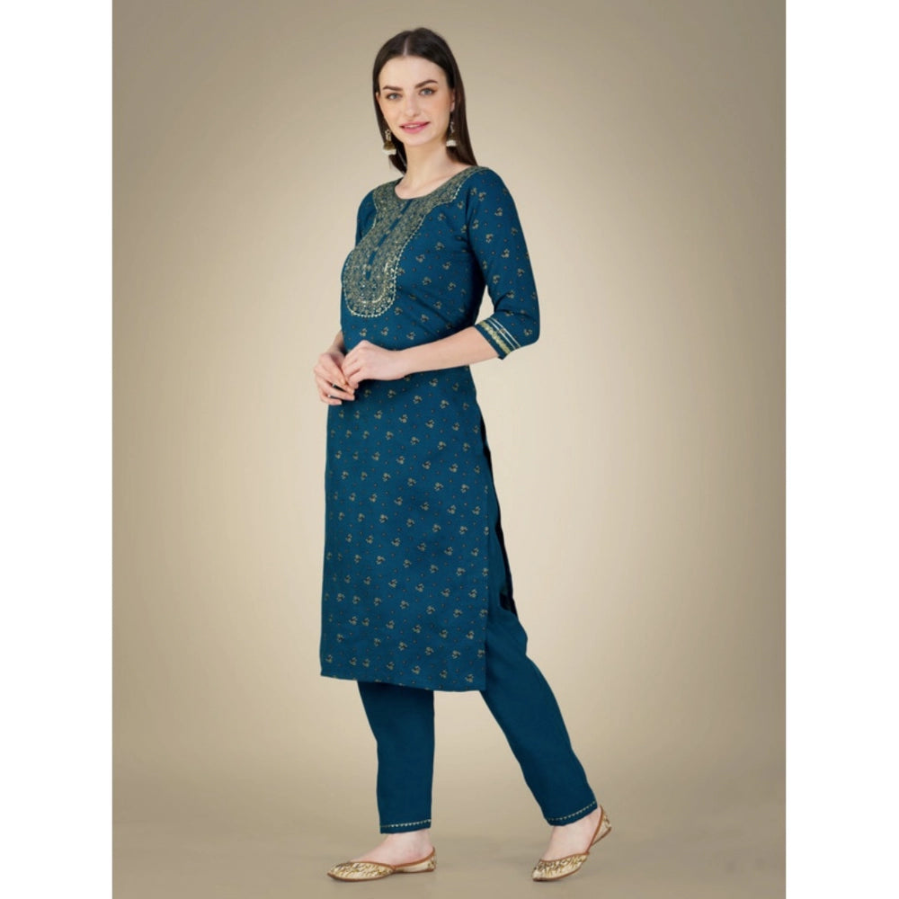 Generic Women's Casual 3-4 th Sleeve Embroidery Cotton Kurti Pant Dupatta Set (Blue )