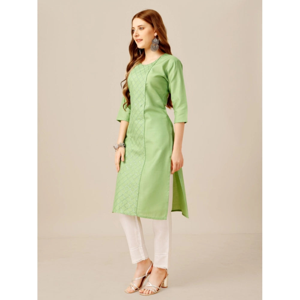 Generic Women's Casual 3-4 th Sleeve Embroidery Cotton Kurti Pant Set (Pista Green)