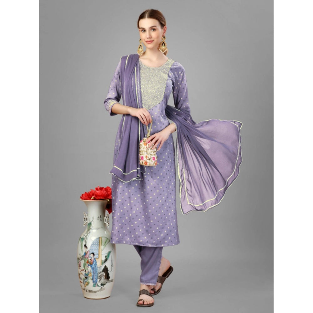 Generic Women's Casual 3-4 th Sleeve Embroidery Silk Blend Kurti Pant Dupatta Set (Lavender)