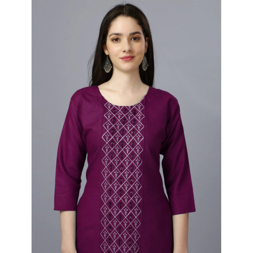 Generic Women's Casual 3-4 th Sleeve Embroidery Cotton Kurti (Purple)