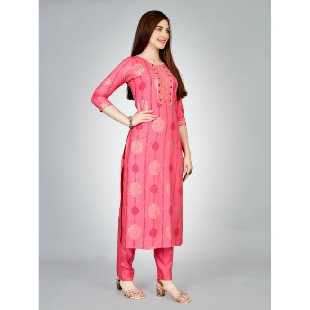 Generic Women's Casual 3-4 th Sleeve Embroidery Rayon Kurti Pant Set (Pink)