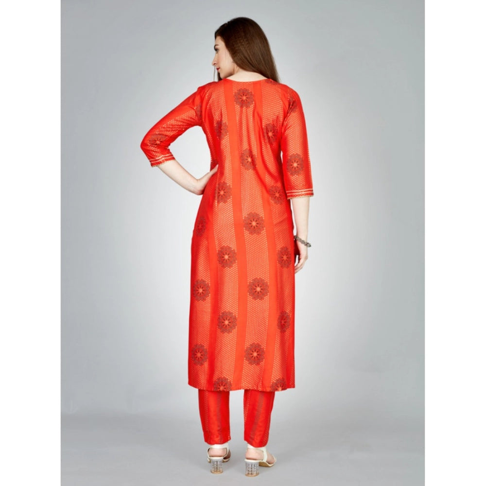 Generic Women's Casual 3-4 th Sleeve Embroidery Rayon Kurti Pant Set (Orange)