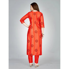 Generic Women's Casual 3-4 th Sleeve Embroidery Rayon Kurti Pant Set (Orange)