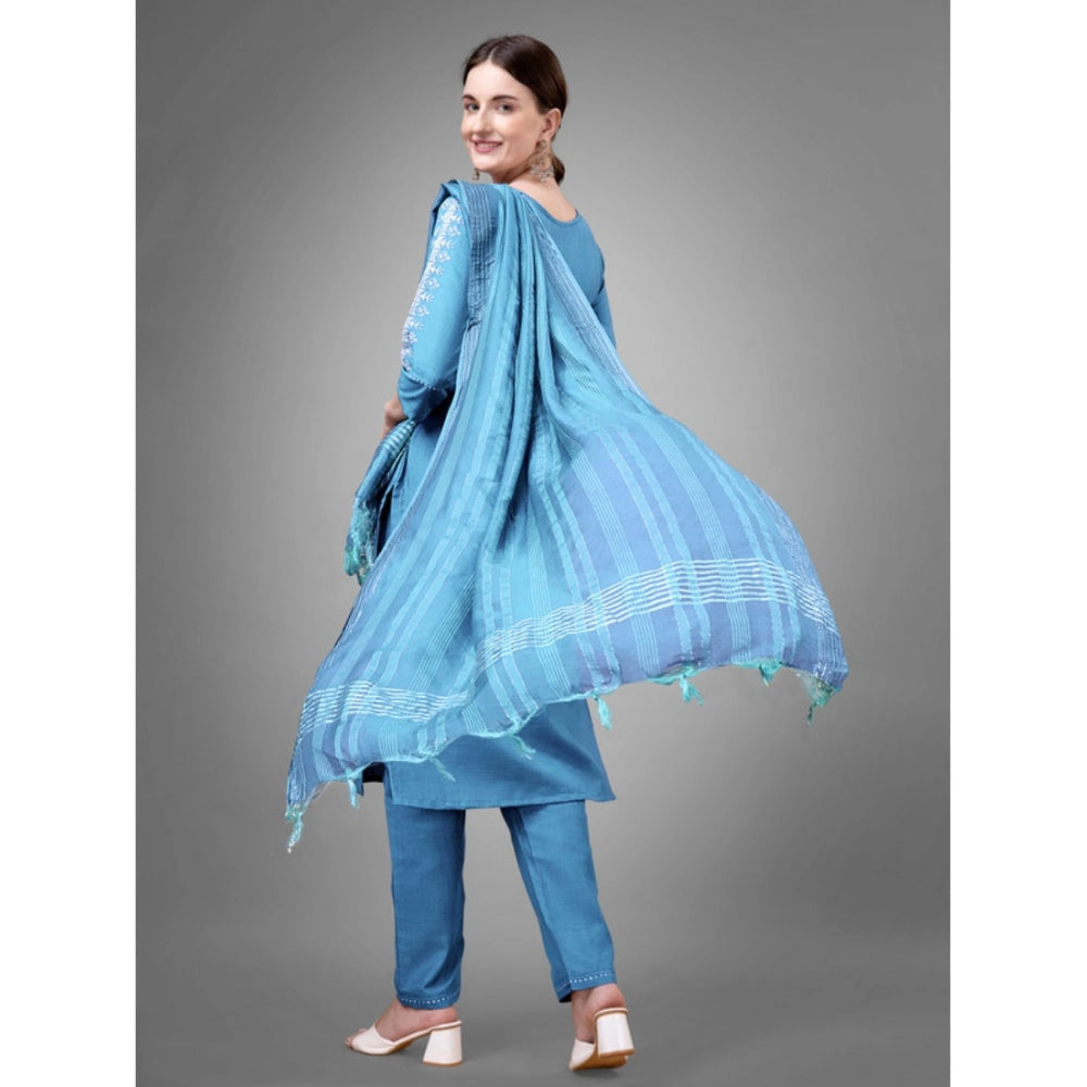 Generic Women's Casual 3-4 th Sleeve Embroidery Cotton Kurti Pant Dupatta Set (Sky Blue)