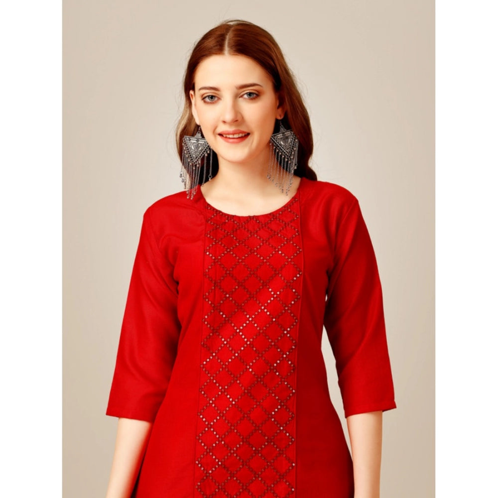 Generic Women's Casual 3-4 th Sleeve Embroidery Cotton Kurti Pant Set (Red)