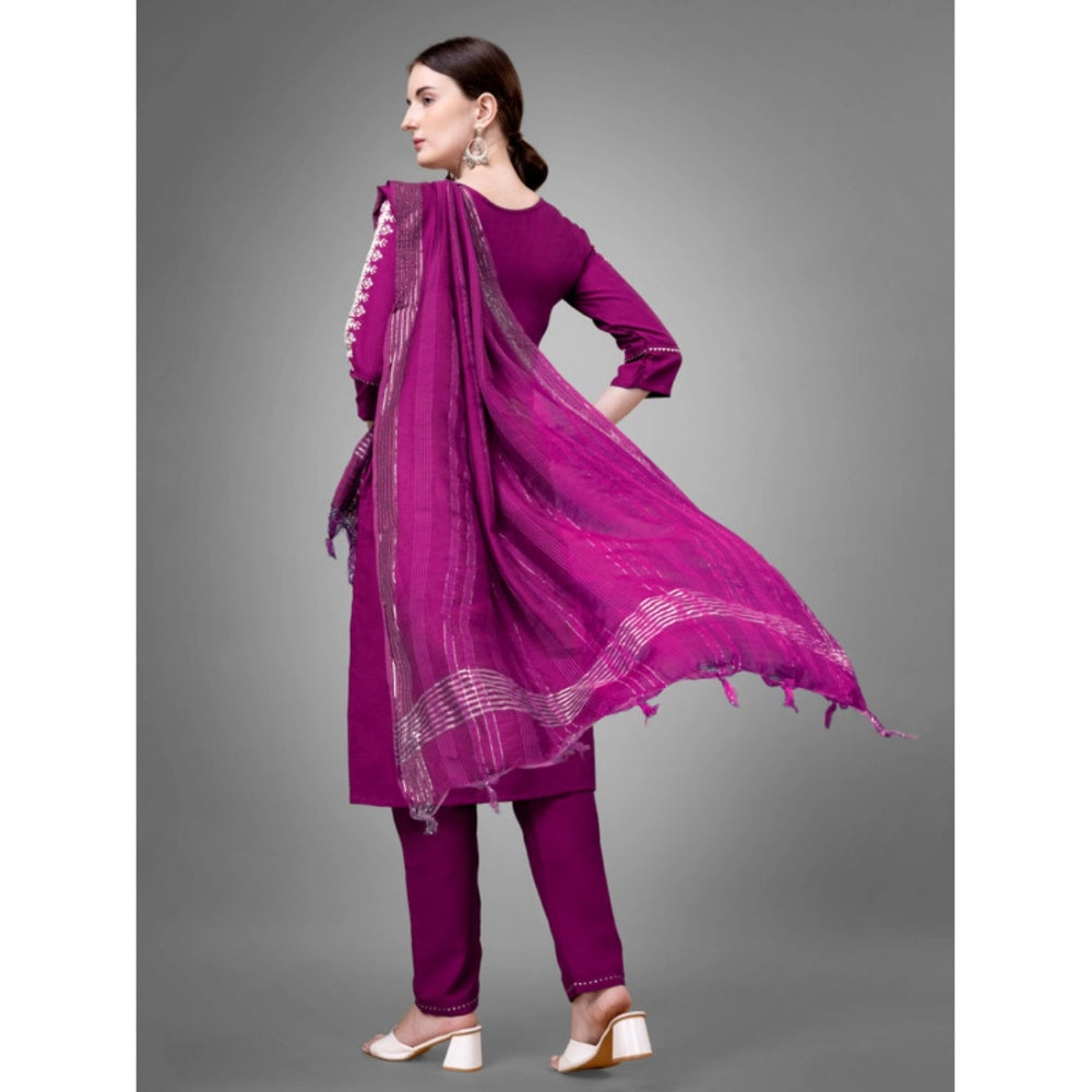 Generic Women's Casual 3-4 th Sleeve Embroidery Cotton Kurti Pant Dupatta Set (Purple)