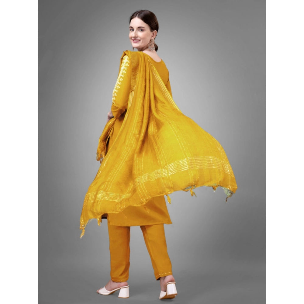 Generic Women's Casual 3-4 th Sleeve Embroidery Cotton Kurti Pant Dupatta Set (Yellow)