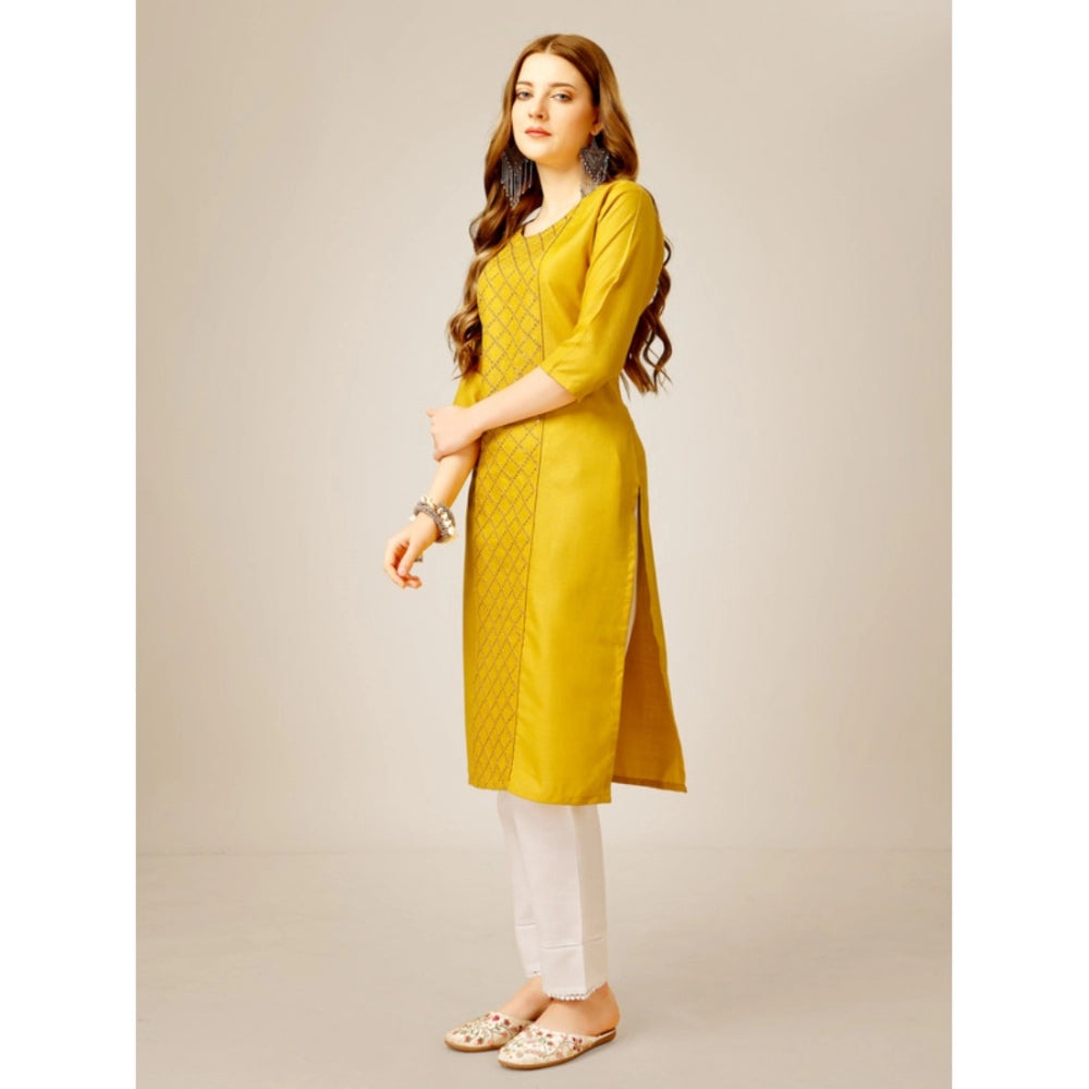 Generic Women's Casual 3-4 th Sleeve Embroidery Cotton Kurti Pant Set (Yellow)