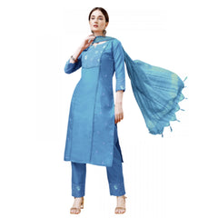 Generic Women's Casual 3-4 th Sleeve Embroidery Cotton Kurti Pant Dupatta Set (Sky Blue)