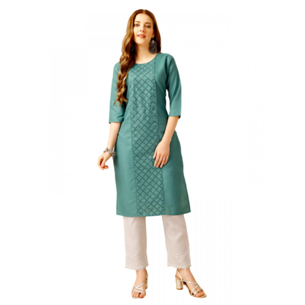 Generic Women's Casual 3-4 th Sleeve Embroidery Cotton Kurti Pant Set (Green)