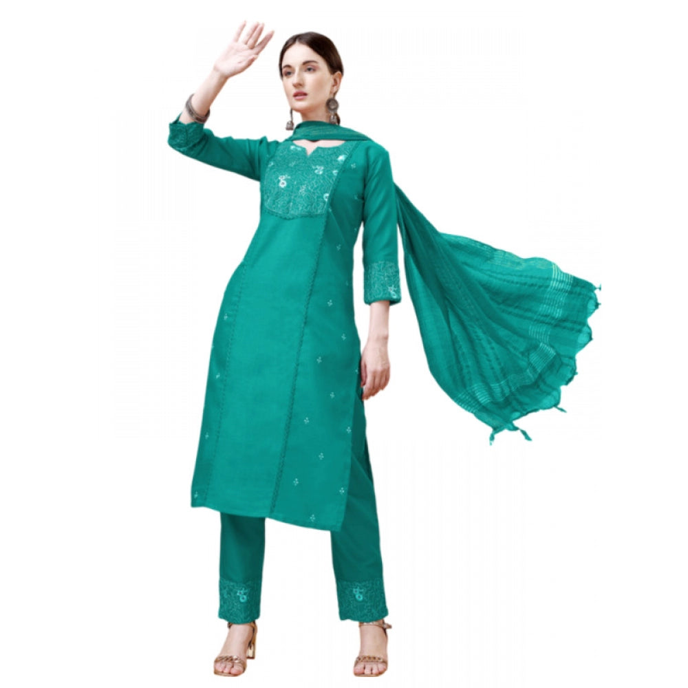 Generic Women's Casual 3-4 th Sleeve Embroidery Cotton Kurti Pant Dupatta Set (Rama)