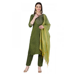 Generic Women's Casual 3-4 th Sleeve Embroidery Cotton Kurti Pant Dupatta Set (Green)