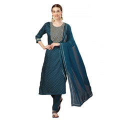 Generic Women's Casual 3-4 th Sleeve Embroidery Silk Blend Kurti Pant Dupatta Set (Blue)