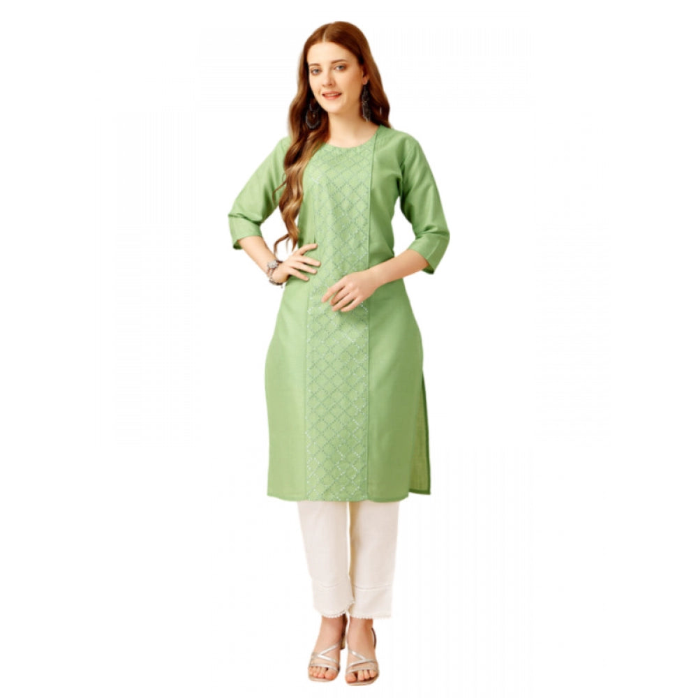 Generic Women's Casual 3-4 th Sleeve Embroidery Cotton Kurti Pant Set (Pista Green)