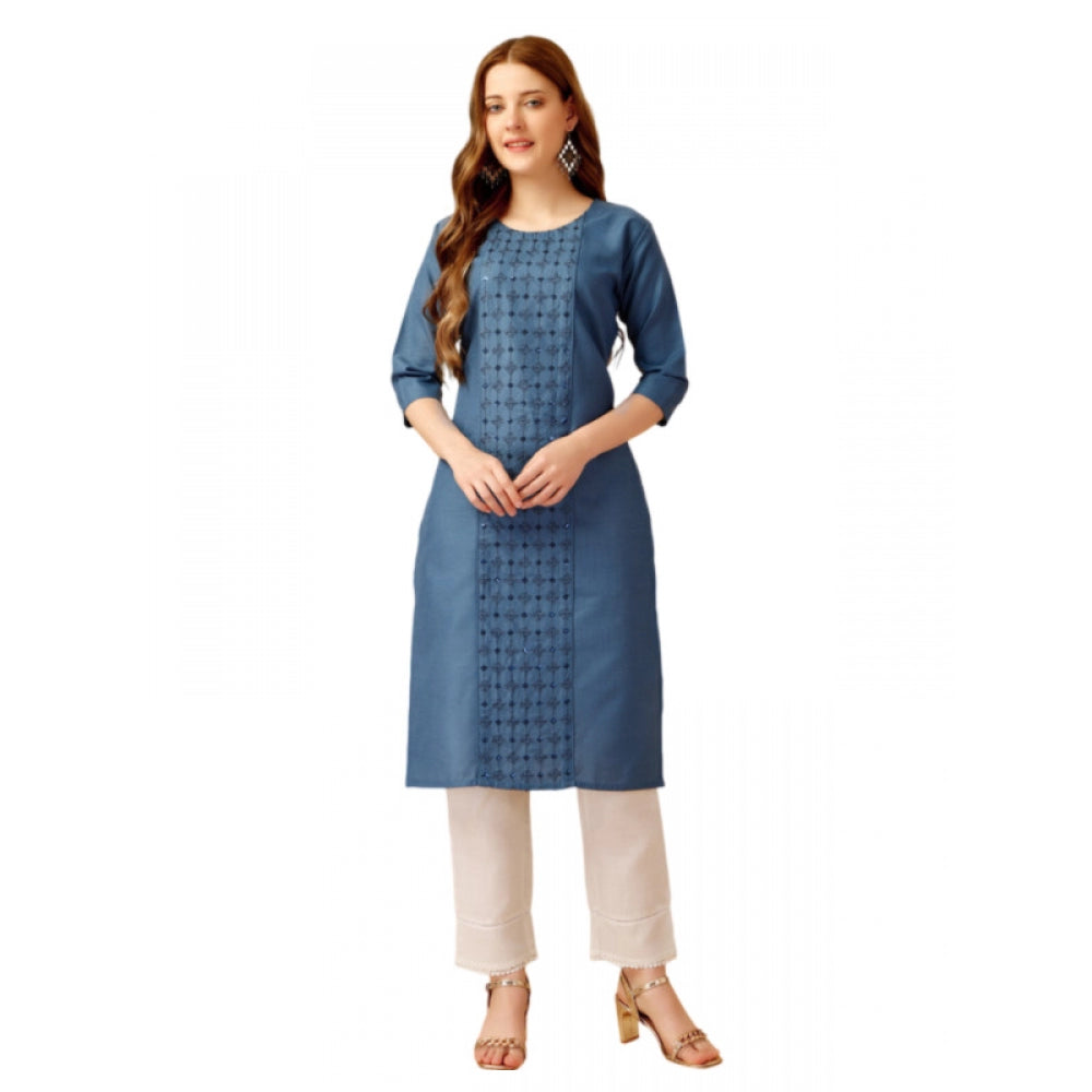 Generisches Damen-Kurti-Hosenset aus Baumwolle mit Stickerei und 3–4-Ärmeln (Hellblau)