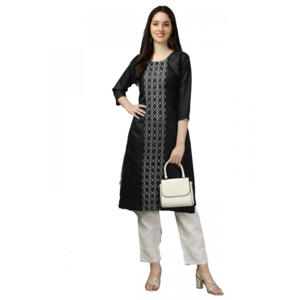 Generic Women's Casual 3-4 th Sleeve Embroidery Cotton Kurti (Black)