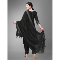 Generic Women's Casual 3-4 th Sleeve Embroidery Cotton Kurti Pant Dupatta Set (Black)