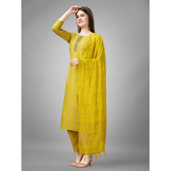 Generic Women's Casual 3-4 th Sleeve Embroidery Rayon Kurti Pant Dupatta Set (Yellow)