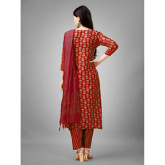 Generic Women's Casual 3-4 th Sleeve Embroidery Rayon Kurti Pant Dupatta Set (Maroon)