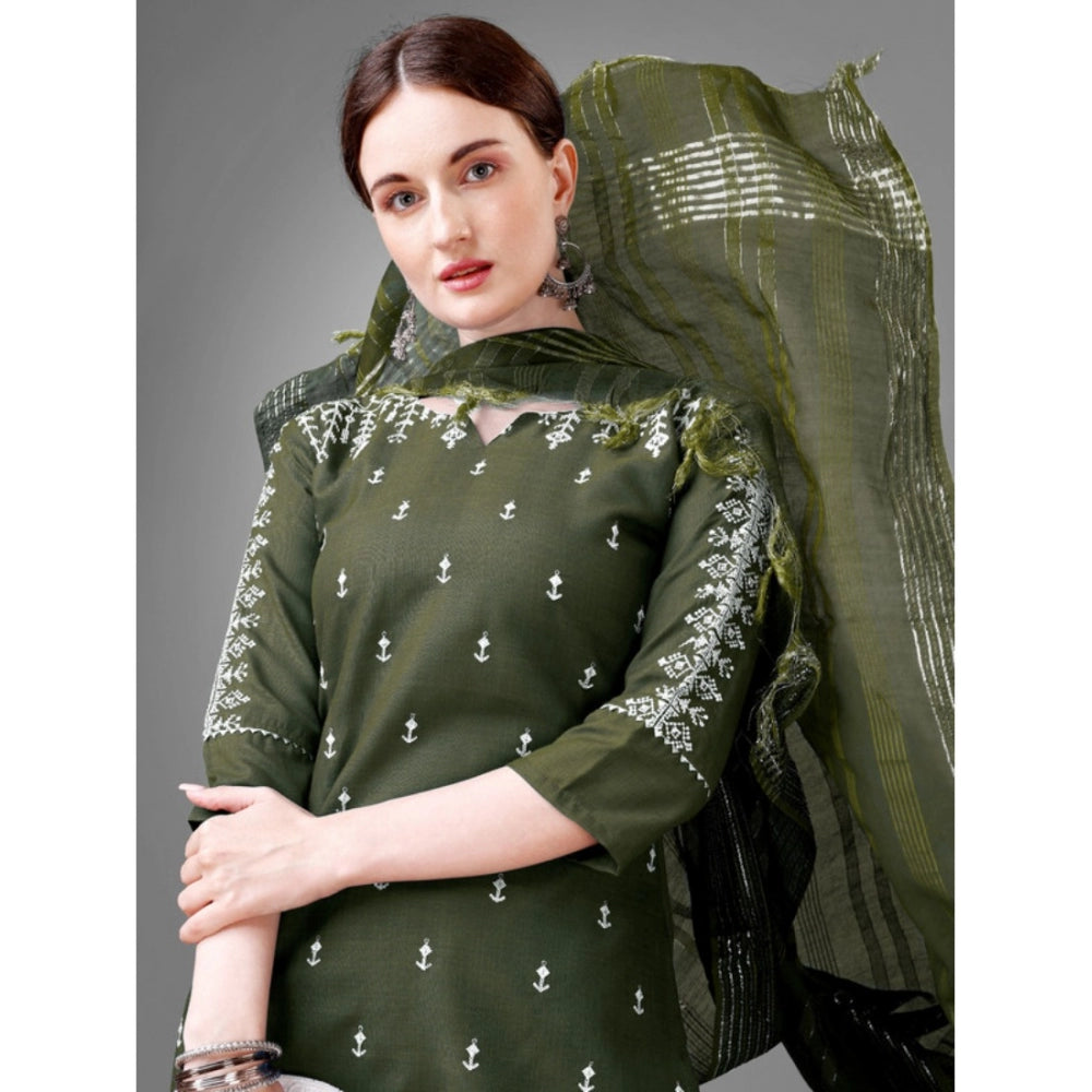 Generic Women's Casual 3-4 th Sleeve Embroidery Cotton Kurti Pant Dupatta Set (Dark Green)