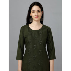 Generic Women's Casual 3-4 th Sleeve Embroidery Cotton Kurti (Dark Green)