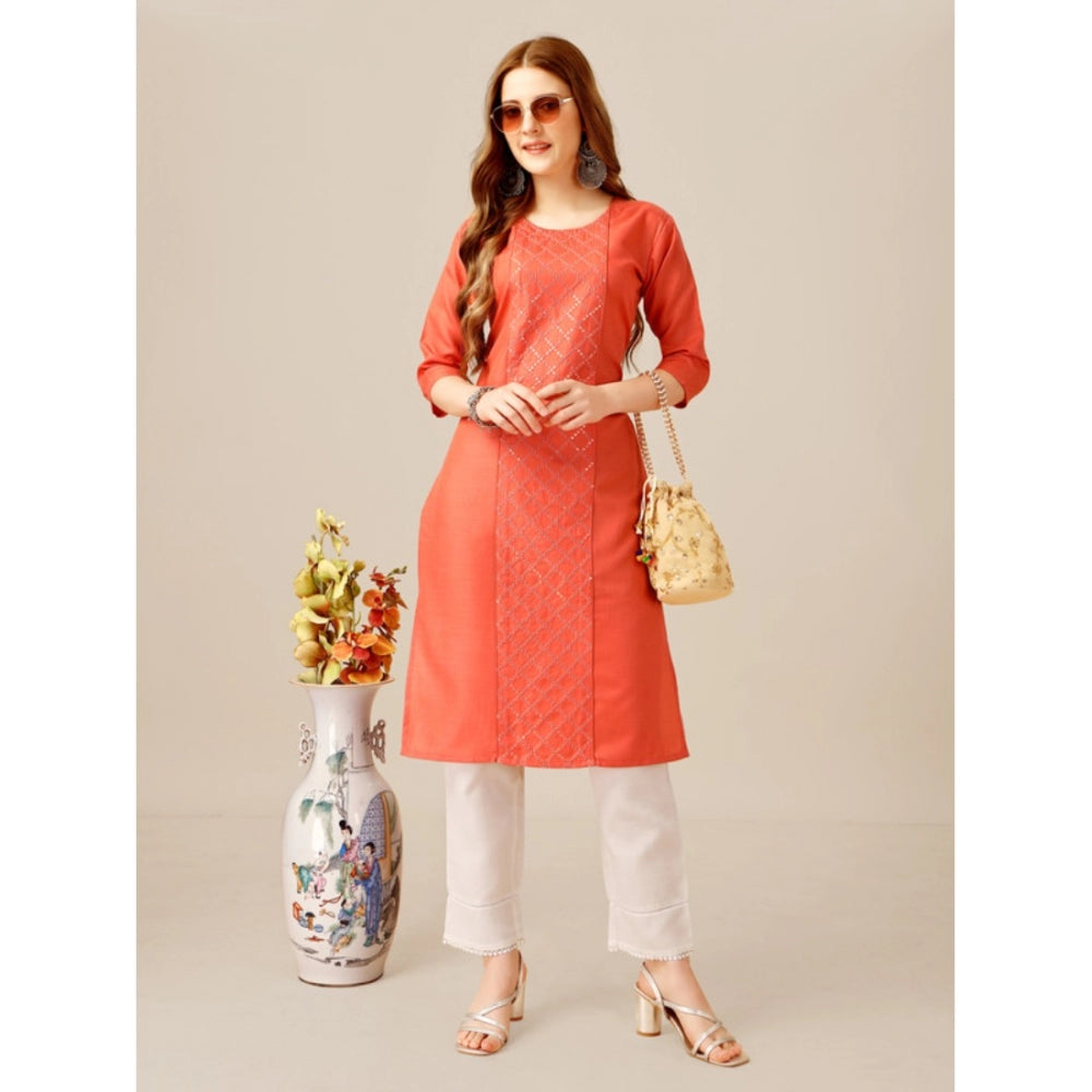 Generic Women's Casual 3-4 th Sleeve Embroidery Cotton Kurti Pant Set (Orange)