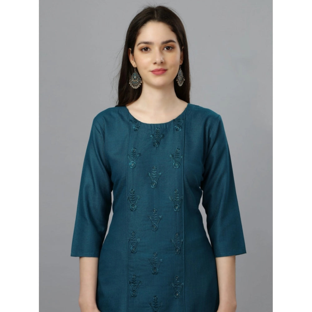 Generisches Damen-Kurti aus Baumwolle mit 3–4-Ärmeln und Stickerei (blau)