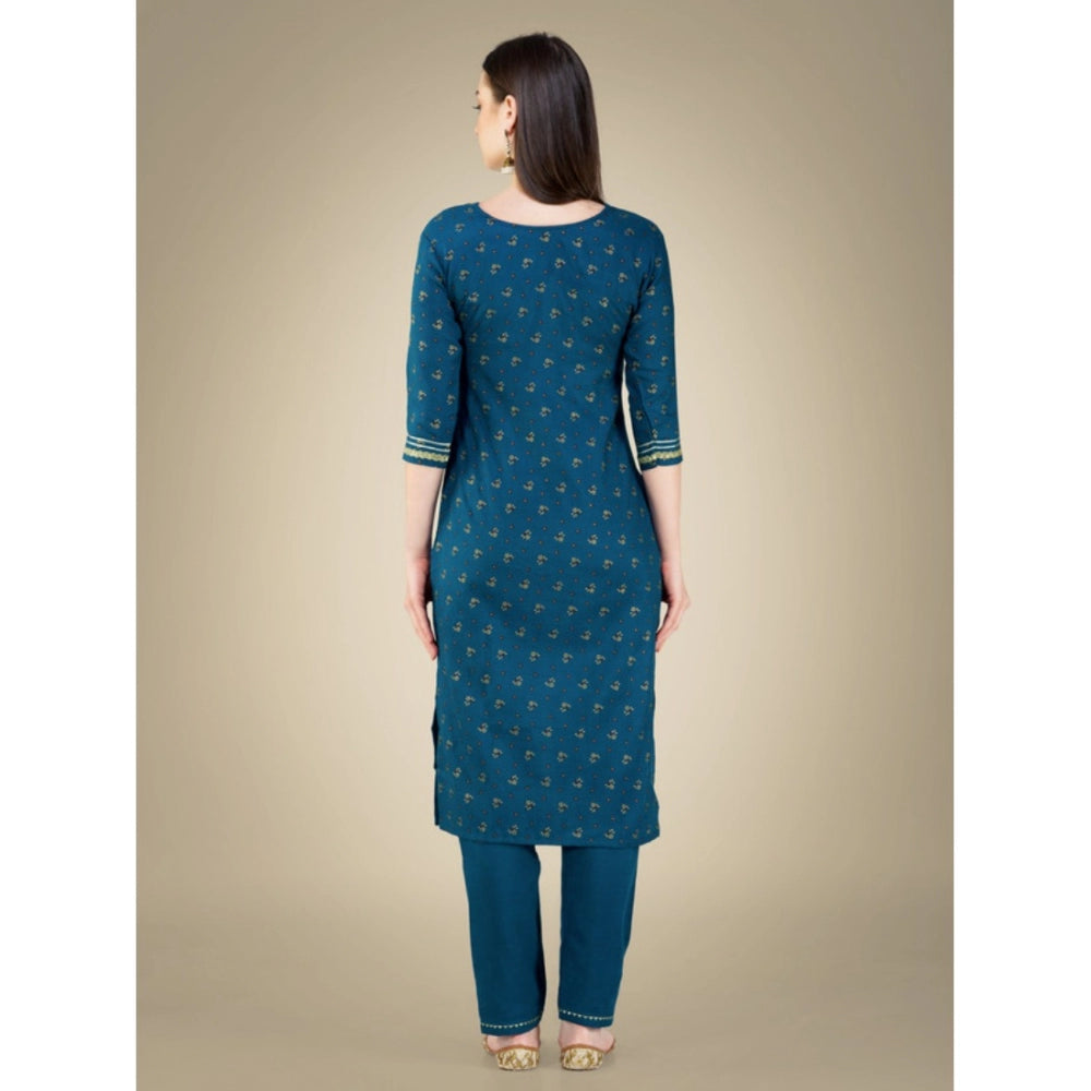 Generic Women's Casual 3-4 th Sleeve Embroidery Cotton Kurti Pant Dupatta Set (Blue )