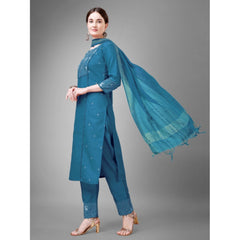 Generic Women's Casual 3-4 th Sleeve Embroidery Cotton Kurti Pant Dupatta Set (Blue )