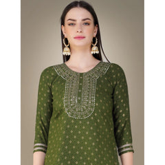 Generic Women's Casual 3-4 th Sleeve Embroidery Cotton Kurti Pant Dupatta Set (Green)