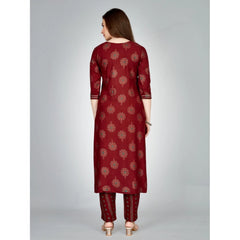 Generic Women's Casual 3-4 th Sleeve Embroidery Rayon Kurti Pant Set (Maroon)