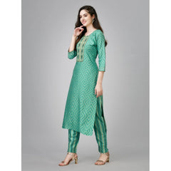 Generic Women's Casual 3-4 th Sleeve Embroidery Rayon Kurti Pant Set (Green)