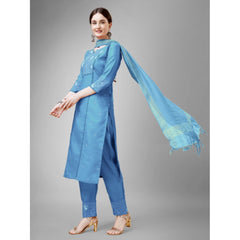 Generic Women's Casual 3-4 th Sleeve Embroidery Cotton Kurti Pant Dupatta Set (Sky Blue)