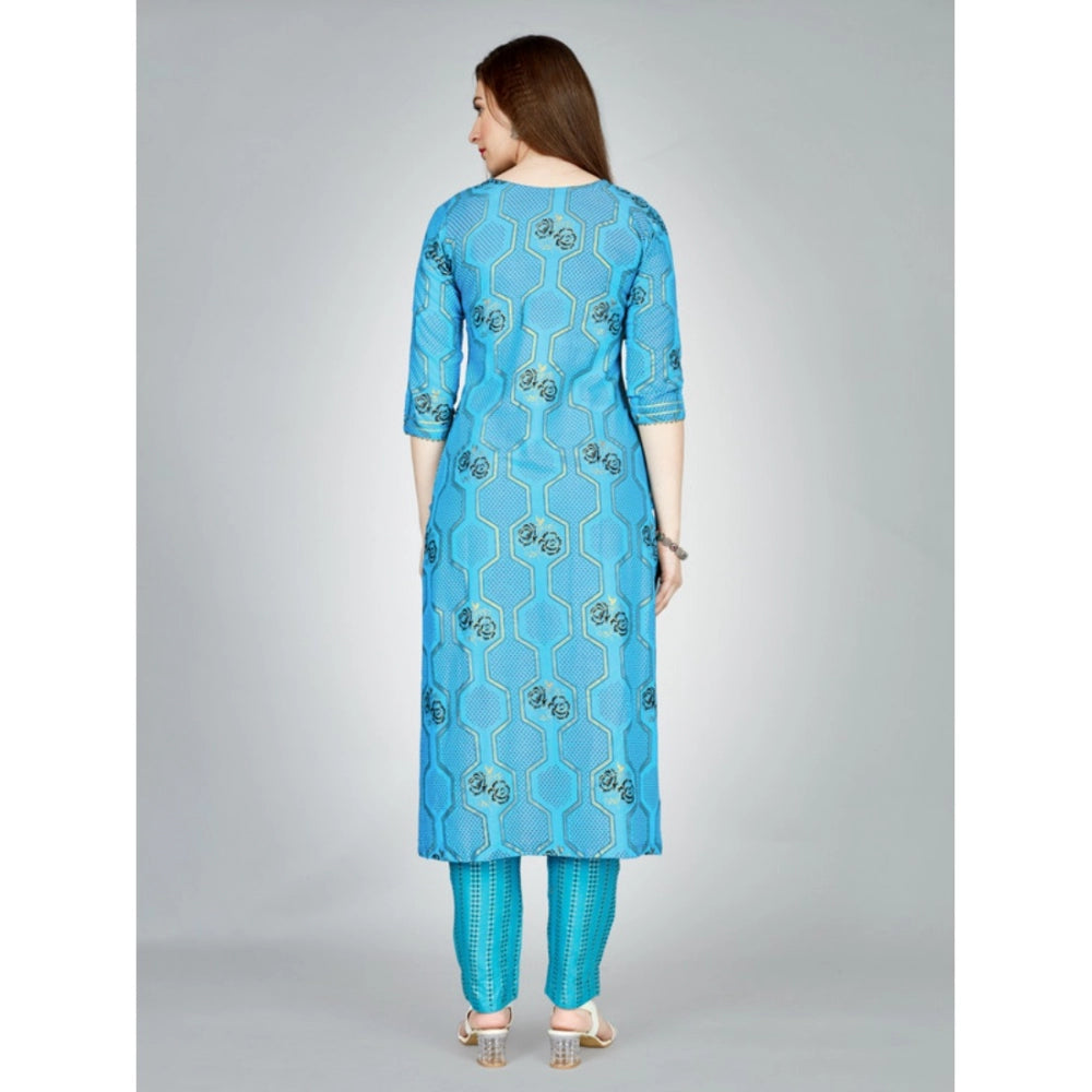 Generic Women's Casual 3-4 th Sleeve Embroidery Rayon Kurti Pant Set (Light Blue)