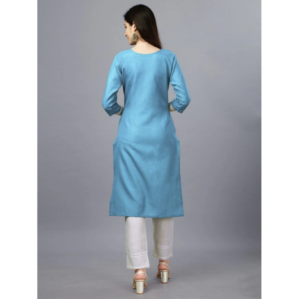 Generic Women's Casual 3-4 th Sleeve Embroidery Cotton Kurti (Light Blue)