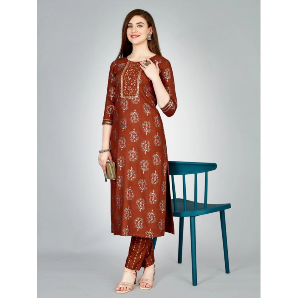 Generic Women's Casual 3-4 th Sleeve Embroidery Rayon Kurti Pant Set (Brown)