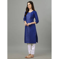 Generic Women's Casual 3-4 th Sleeve Embroidery Cotton Kurti (Blue)