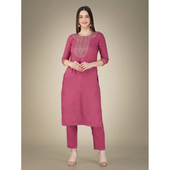 Generic Women's Casual 3-4 th Sleeve Embroidery Cotton Kurti Pant Dupatta Set (Wine)