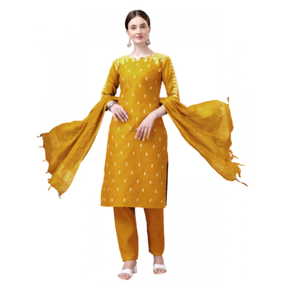 Generic Women's Casual 3-4 th Sleeve Embroidery Cotton Kurti Pant Dupatta Set (Yellow)