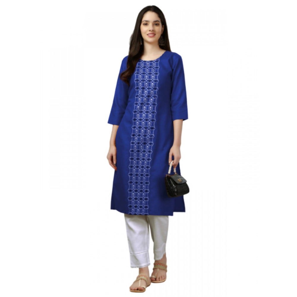 Generic Women's Casual 3-4 th Sleeve Embroidery Cotton Kurti (Blue)