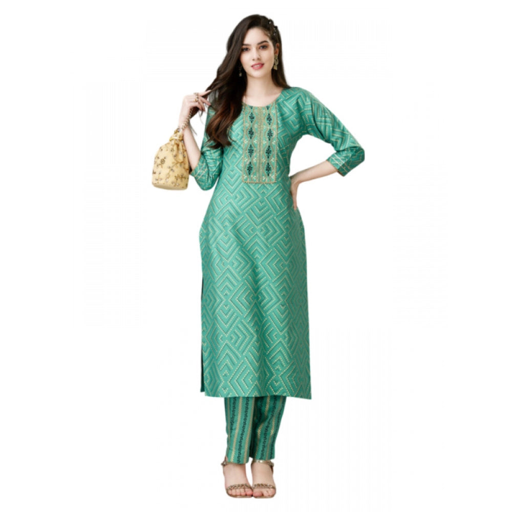 Generic Women's Casual 3-4 th Sleeve Embroidery Rayon Kurti Pant Set (Green)