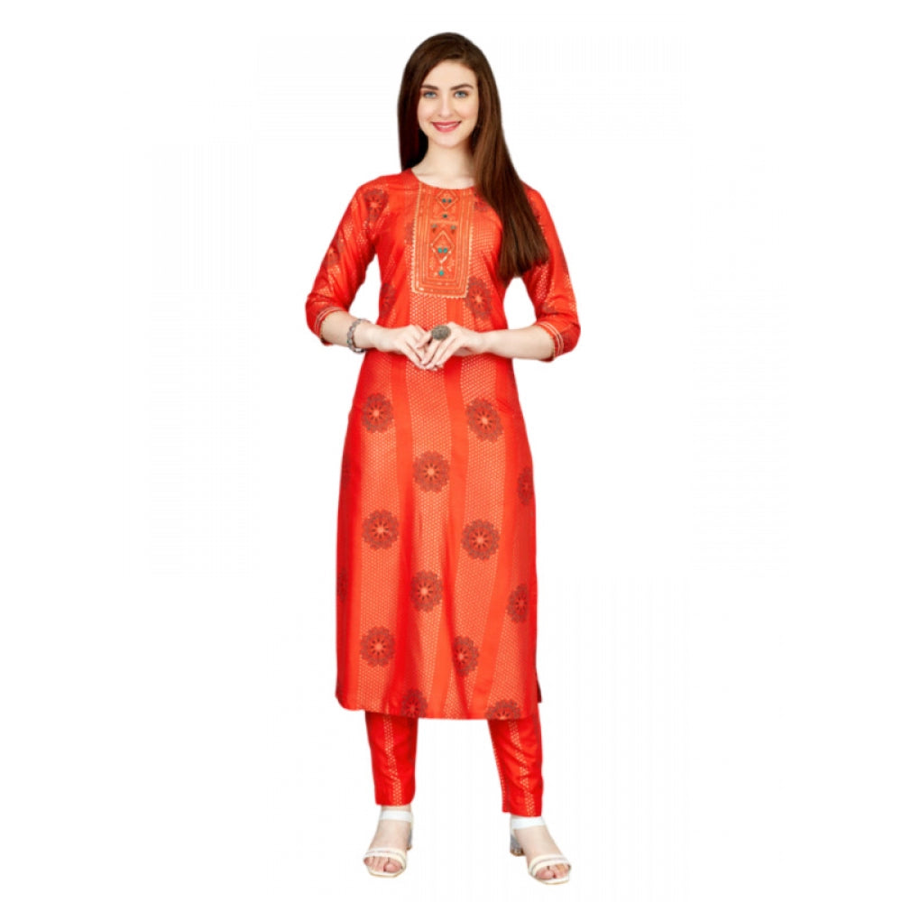 Generic Women's Casual 3-4 th Sleeve Embroidery Rayon Kurti Pant Set (Orange)