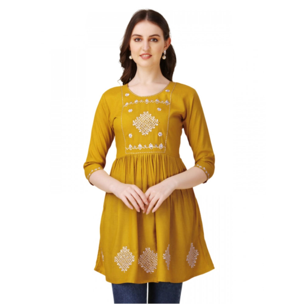 Generic Women's Casual 3-4 th Sleeve Embroidered Rayon Tunic Top (Mustard)