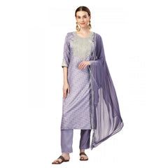 Generic Women's Casual 3-4 th Sleeve Embroidery Silk Blend Kurti Pant Dupatta Set (Lavender)