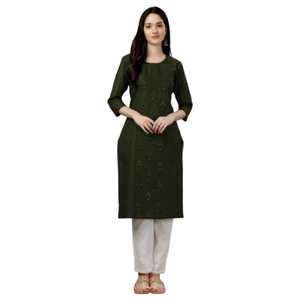 Generic Women's Casual 3-4 th Sleeve Embroidery Cotton Kurti (Dark Green)