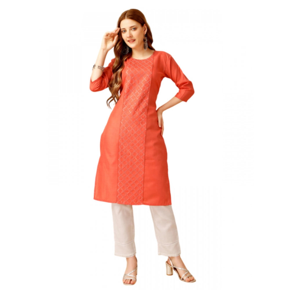 Generic Women's Casual 3-4 th Sleeve Embroidery Cotton Kurti Pant Set (Orange)