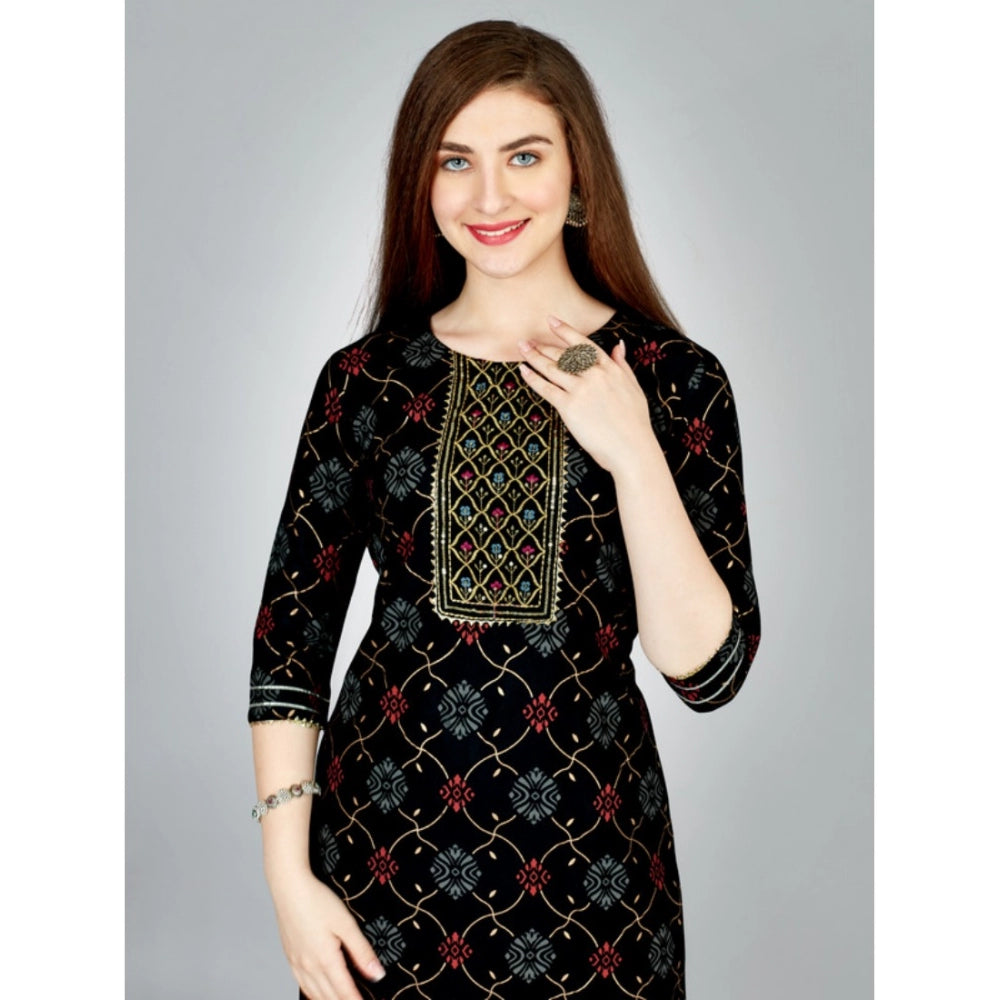 Generic Women's Casual 3-4 th Sleeve Embroidery Rayon Kurti Pant Set (Black)