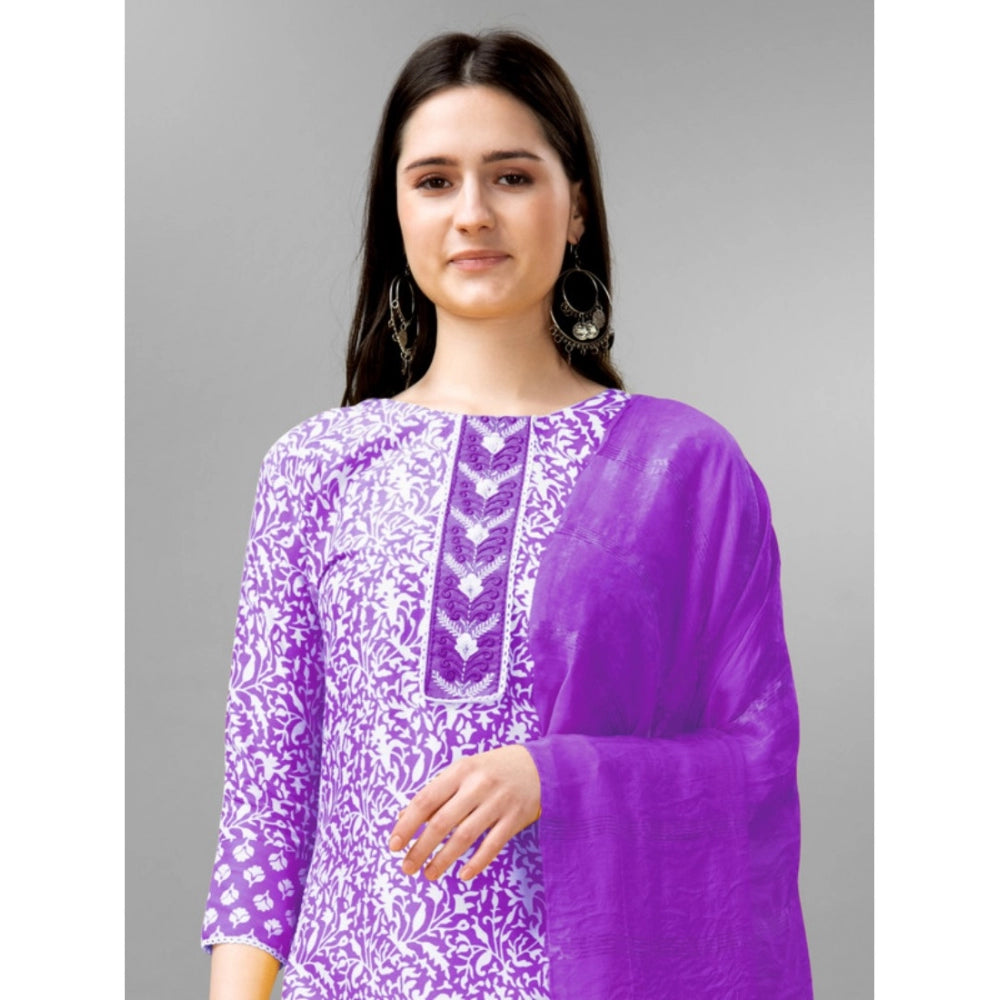 Generic Women's Casual 3-4 th Sleeve Embroidery Rayon Kurti Pant Dupatta Set (Purple)