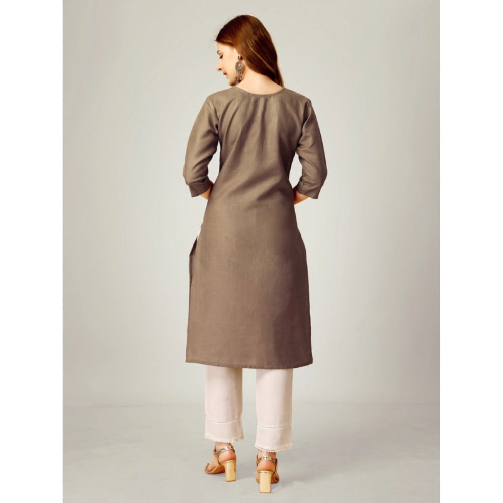 Generisches Damen-Kurti-Hosenset aus Baumwolle mit Stickerei und 3–4-Ärmeln (Beige)