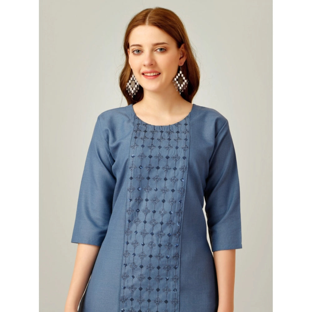 Generisches Damen-Kurti-Hosenset aus Baumwolle mit Stickerei und 3–4-Ärmeln (Hellblau)